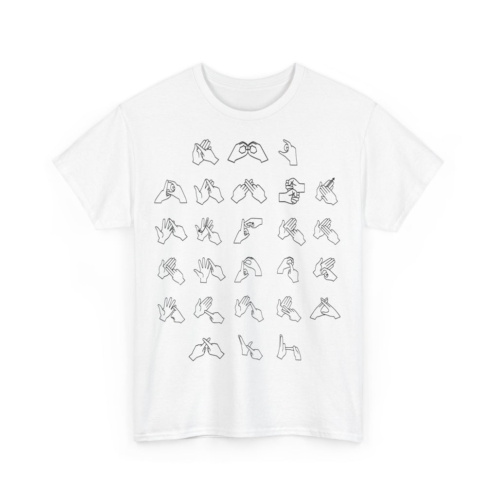 Front view of a white t-shirt with BSL Alphabet - Black Fingerspelling