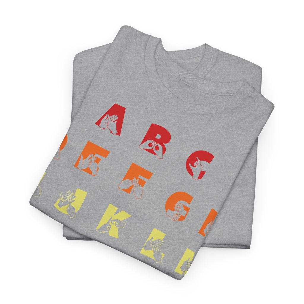 Folded Sport Grey t-shirt with BSL Alphabet - Pride Fingerspelling & Text