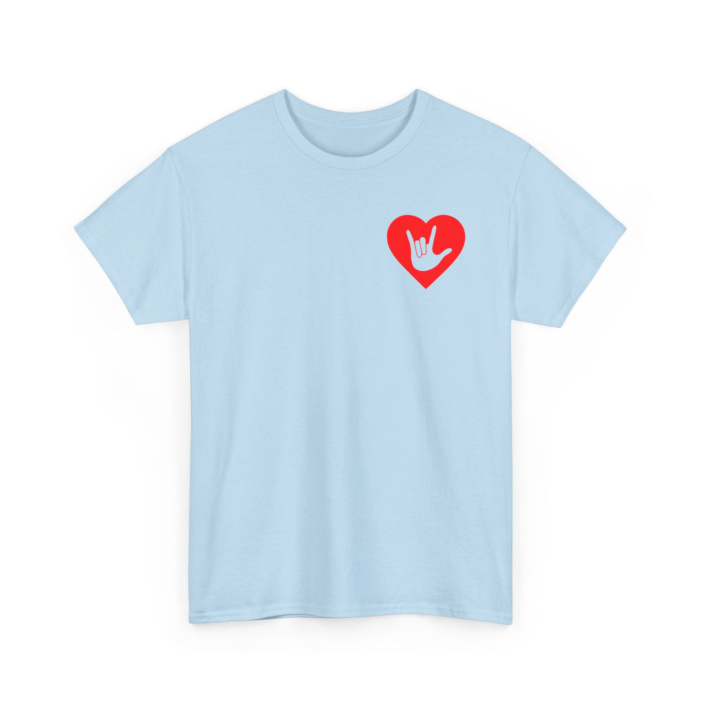 Front view of a light blue T-Shirt showing a red coloured heart and the iconic ASL I Love You sign embedded in it on the left side of the chest