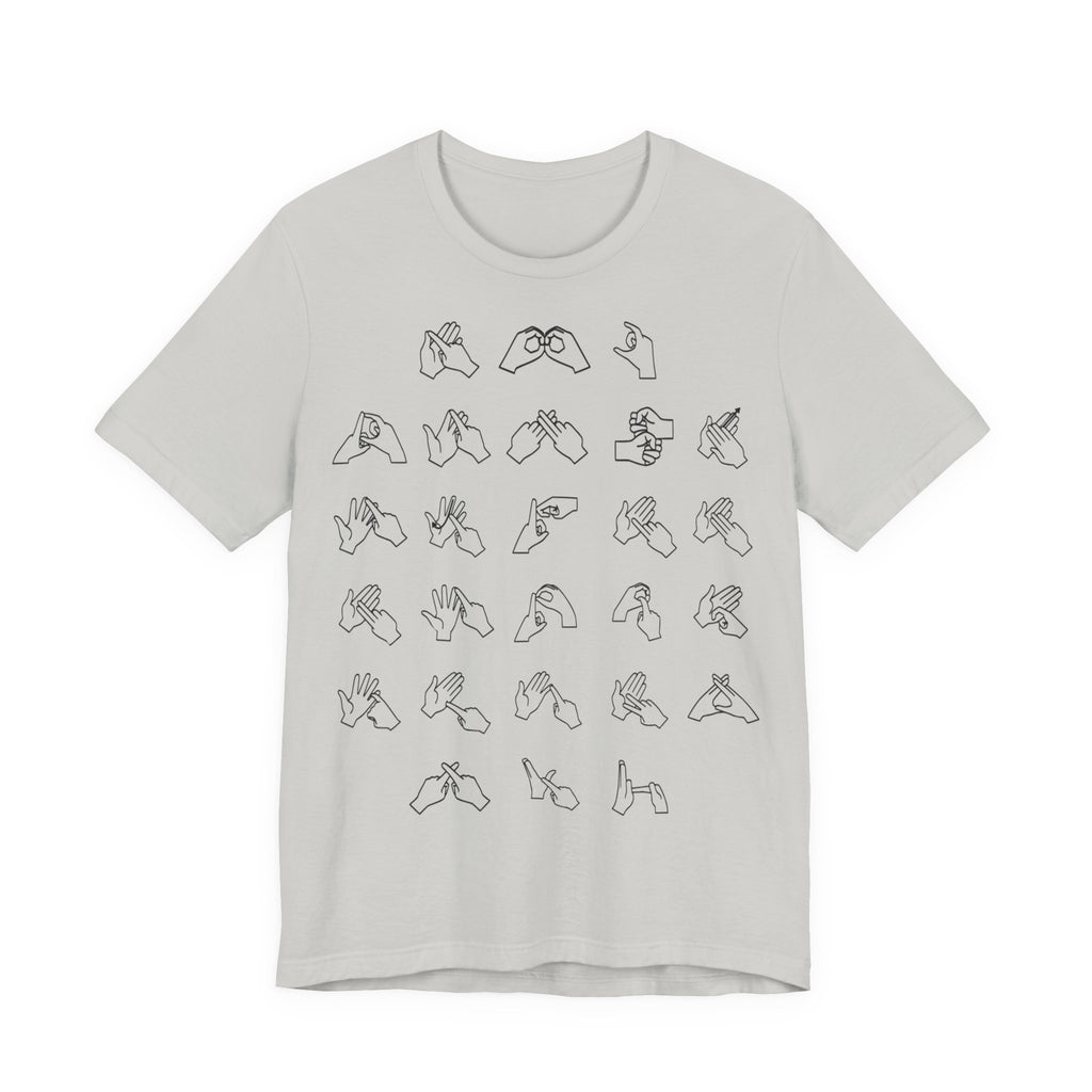 Front view of a silver t-shirt with BSL Alphabet - Black Fingerspelling