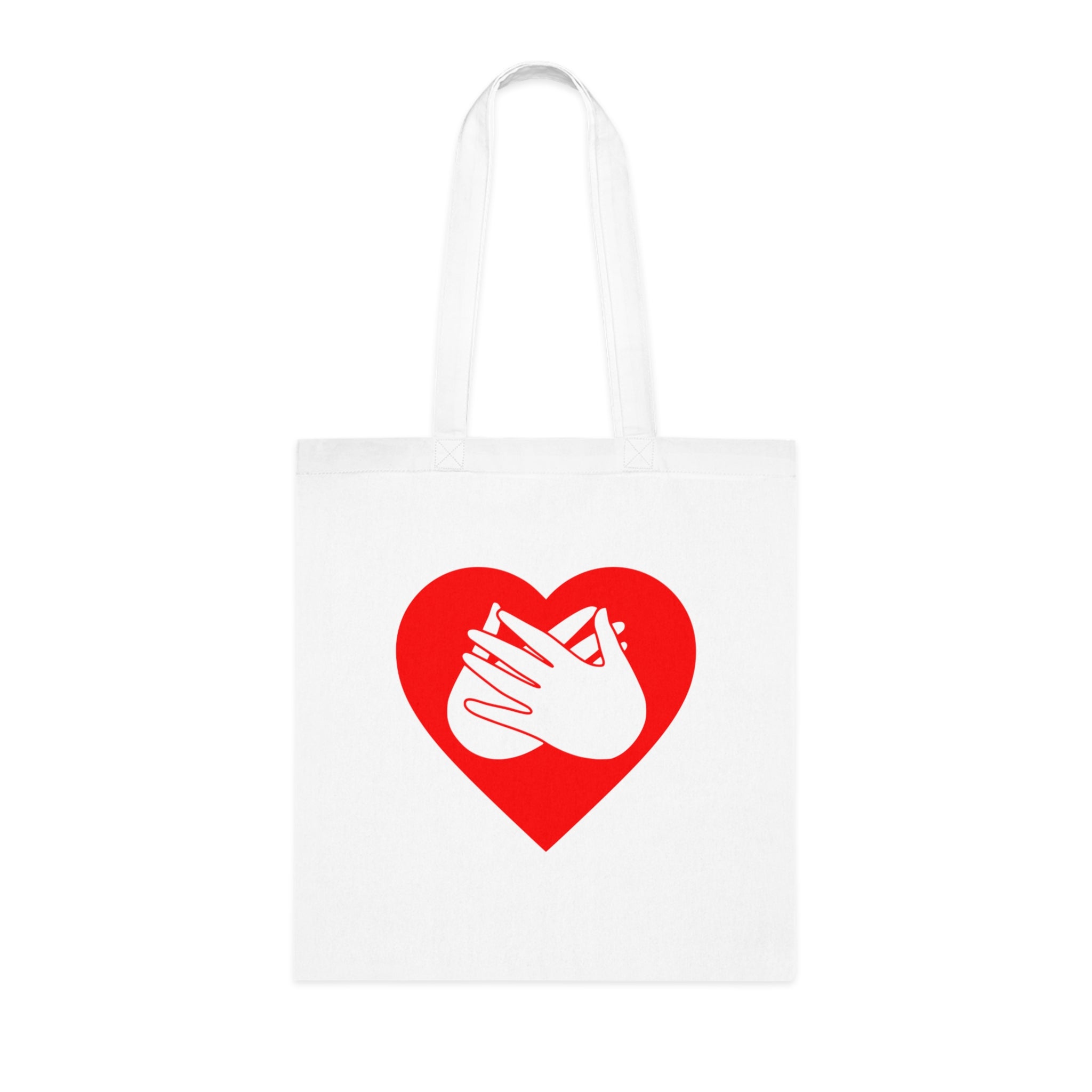 White Tote Bag showing a red coloured heart and the iconic BSL Love sign embedded in it