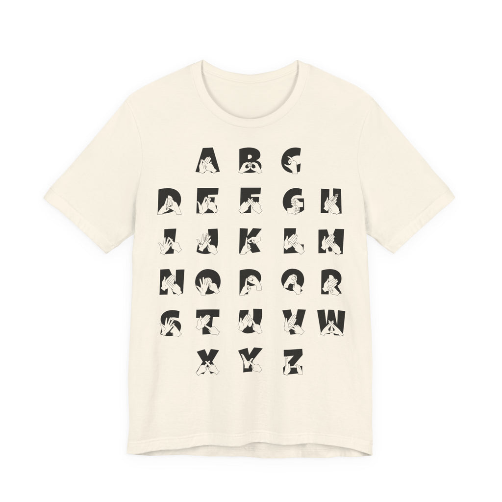 Front view of a natural t-shirt with BSL Alphabet - Black Fingerspelling & Text