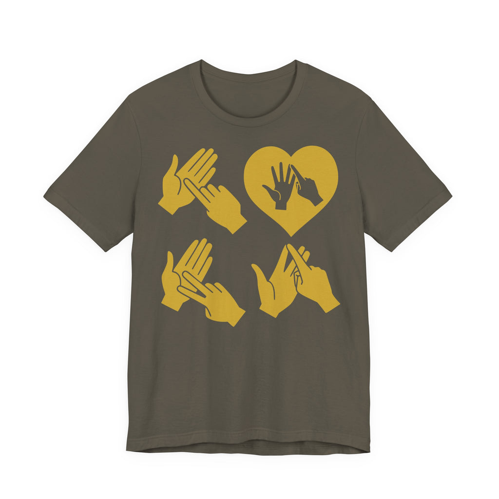 Front view of a army T-Shirt with the word Love in gold BSL Fingerspelling with the 'O' embedded in a heart shape