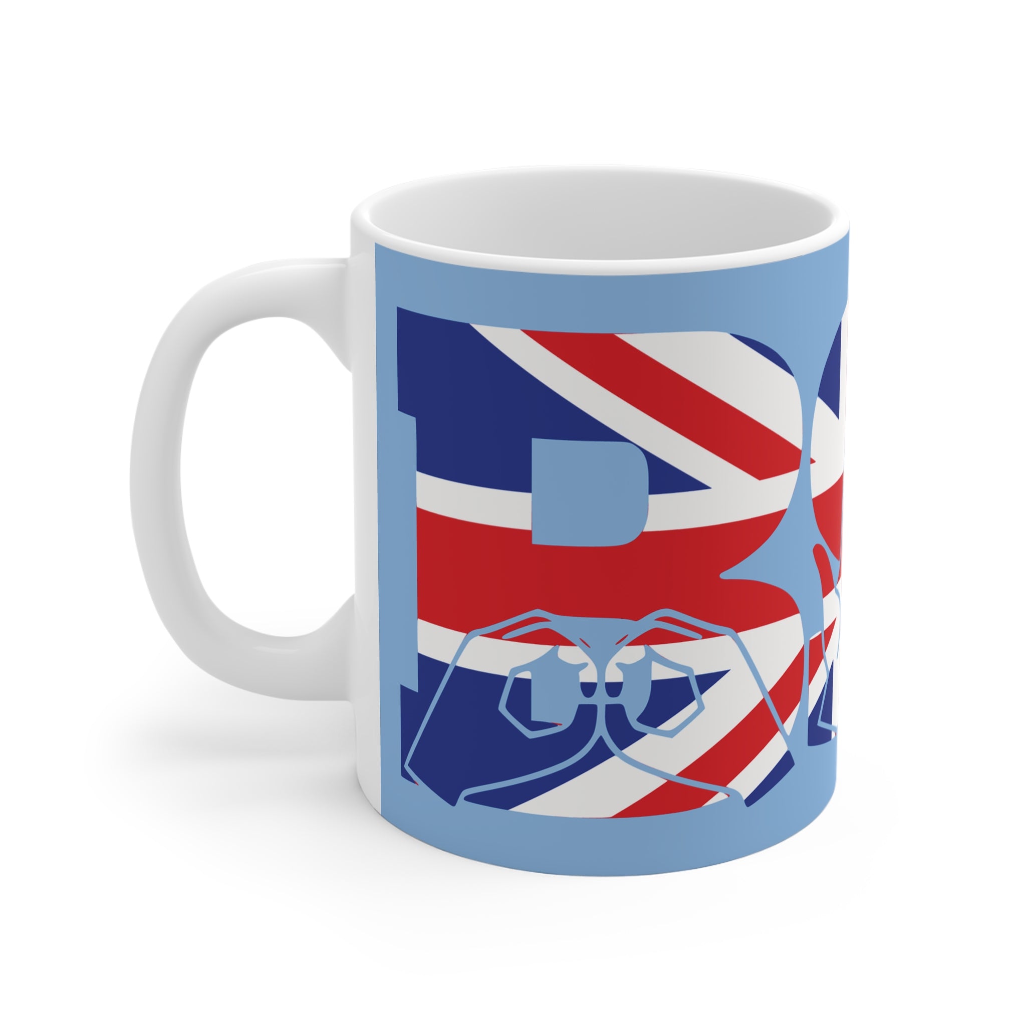 A  mug showing the B from the BSL acronym in fingerspelling and text with Union Flag colours on a blue background.