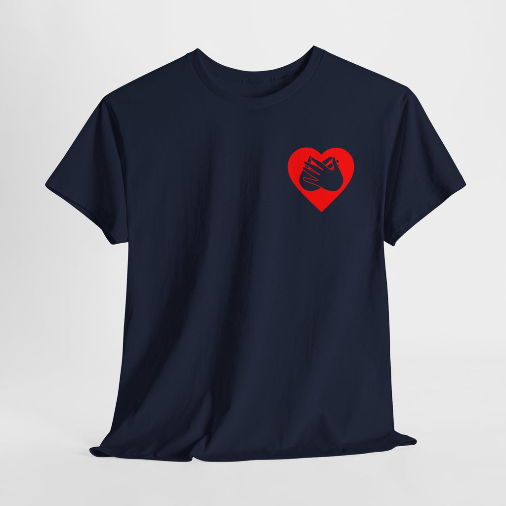Front view of a navy T-Shirt showing a red coloured heart and the iconic BSL Love sign embedded in it on the left side of the chest, on a light grey background
