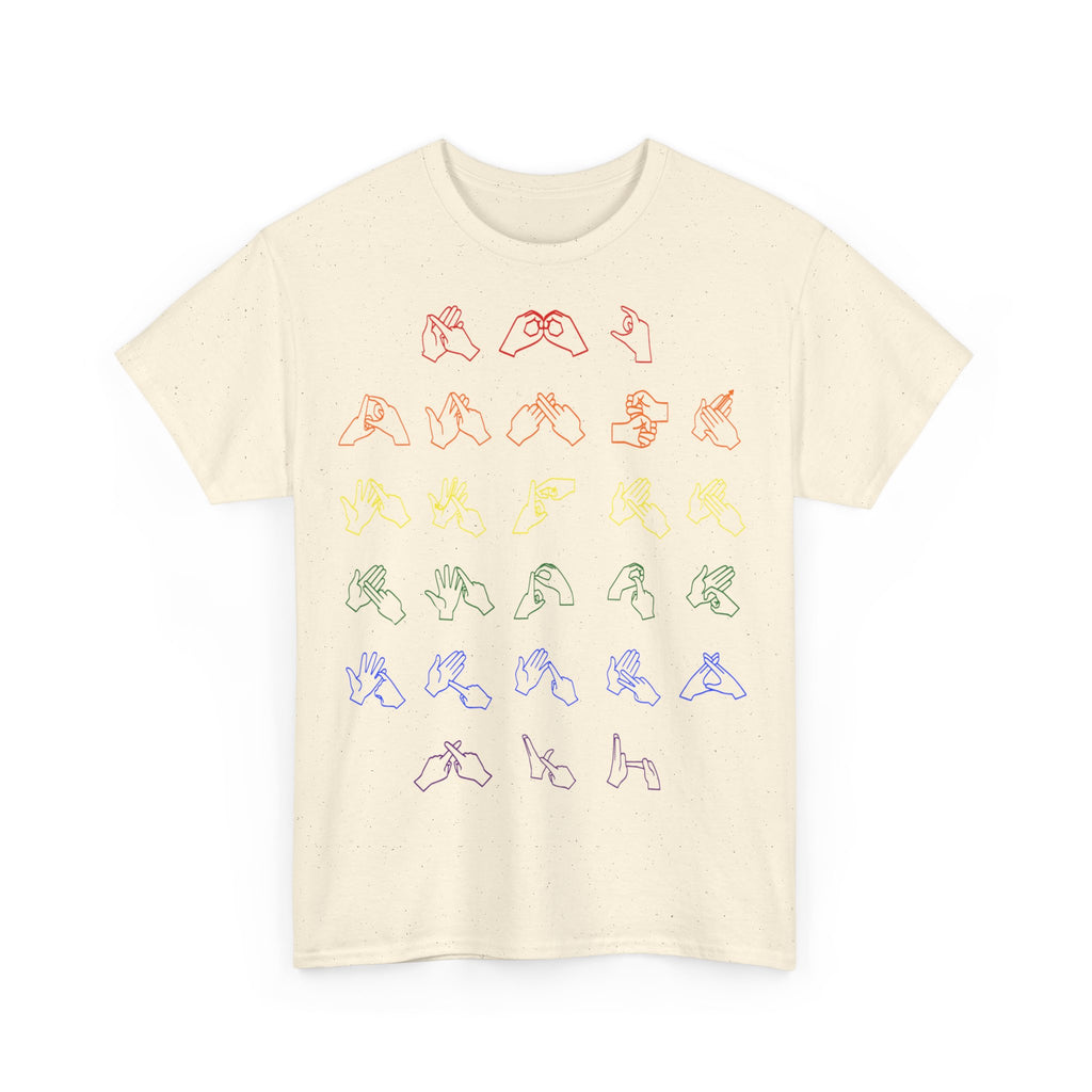 Front view of a natural t-shirt with BSL Alphabet - Pride Fingerspelling