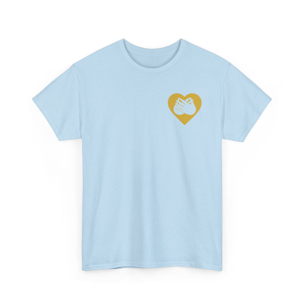 Front view of a light blue T-Shirt showing a gold coloured heart and the iconic BSL Love sign embedded in it on the left side of the chest