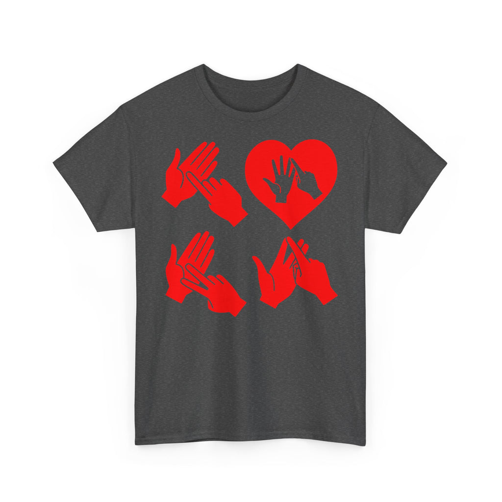 Front view of a dark heather T-Shirt with the word Love in red BSL Fingerspelling with the 'O' embedded in a heart shape 