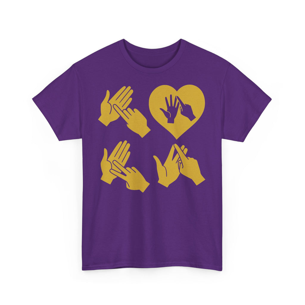Front view of a purple T-Shirt with the word Love in gold BSL Fingerspelling with the 'O' embedded in a heart shape