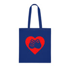 Royal blue Tote Bag showing a red coloured heart and the iconic BSL Love sign embedded in it