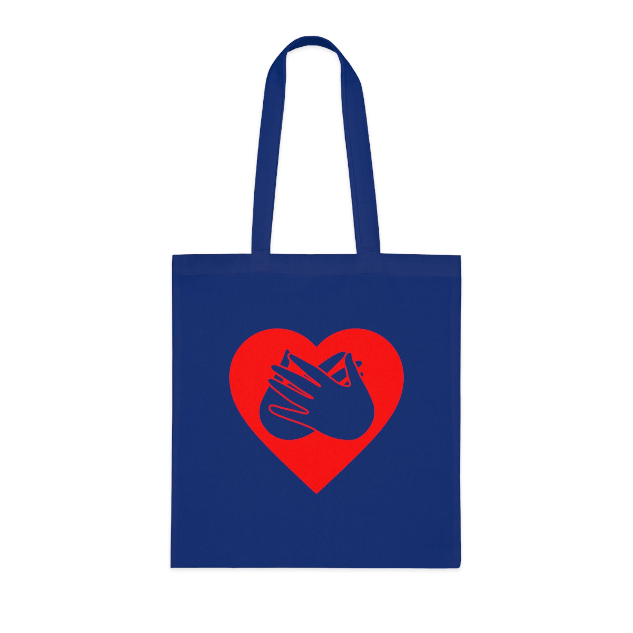 Royal blue Tote Bag showing a red coloured heart and the iconic BSL Love sign embedded in it