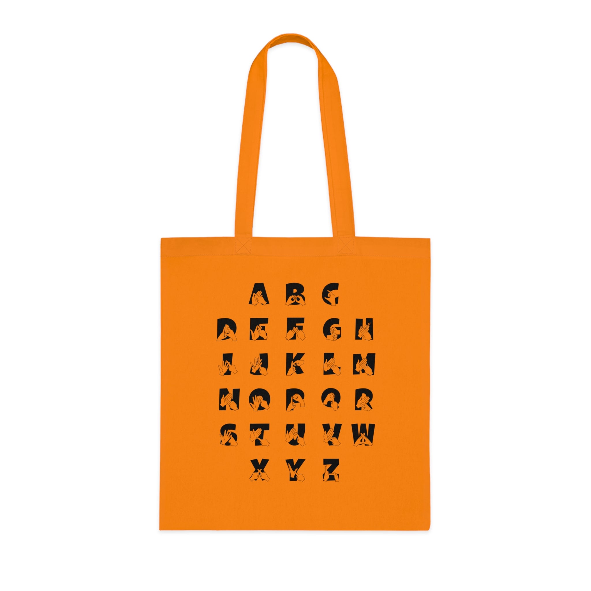Orange Tote Bag with BSL Alphabet - Black Fingerspelling & Text
