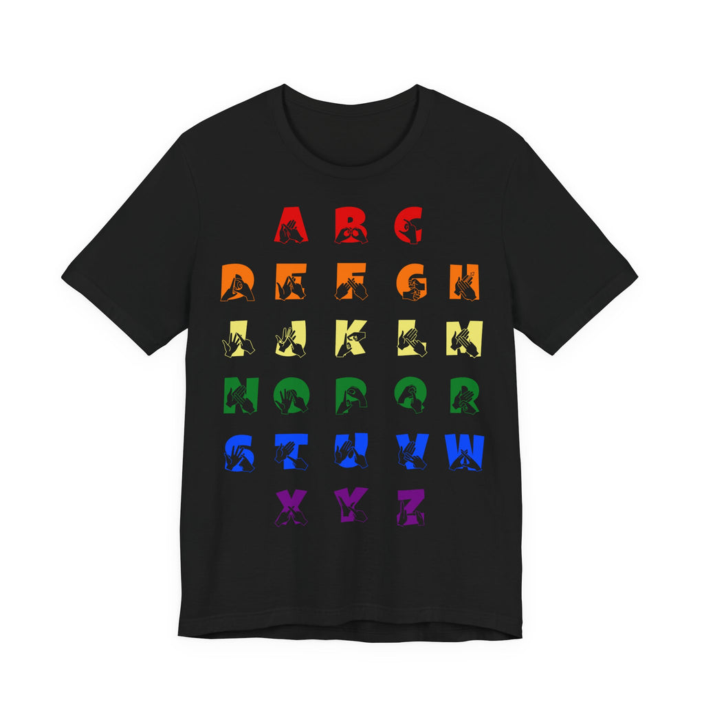 Front view of a black t-shirt with BSL Alphabet - Pride Fingerspelling & Text