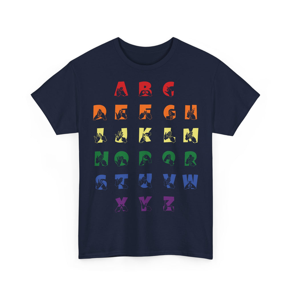 Front view of a Navy t-shirt with BSL Alphabet - Pride Fingerspelling & Text