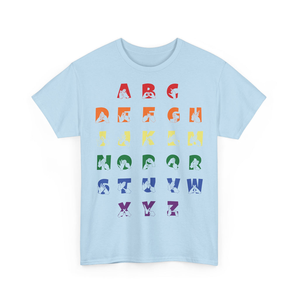 Front view of a Light Blue t-shirt with BSL Alphabet - Pride Fingerspelling & Text