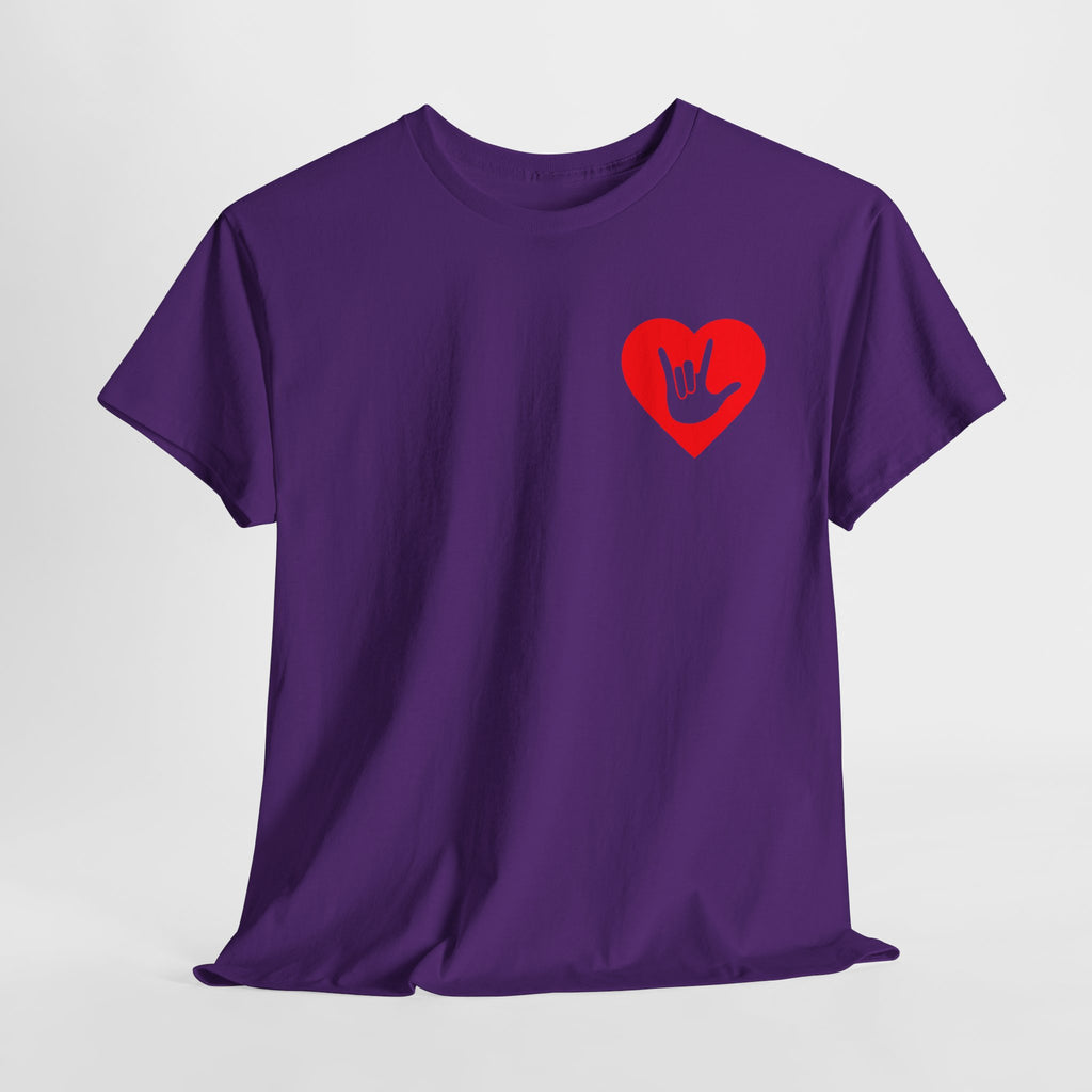 Front view of a purple T-Shirt showing a red coloured heart and the iconic ASL I Love You sign embedded in it on the left side of the chest on a light grey background