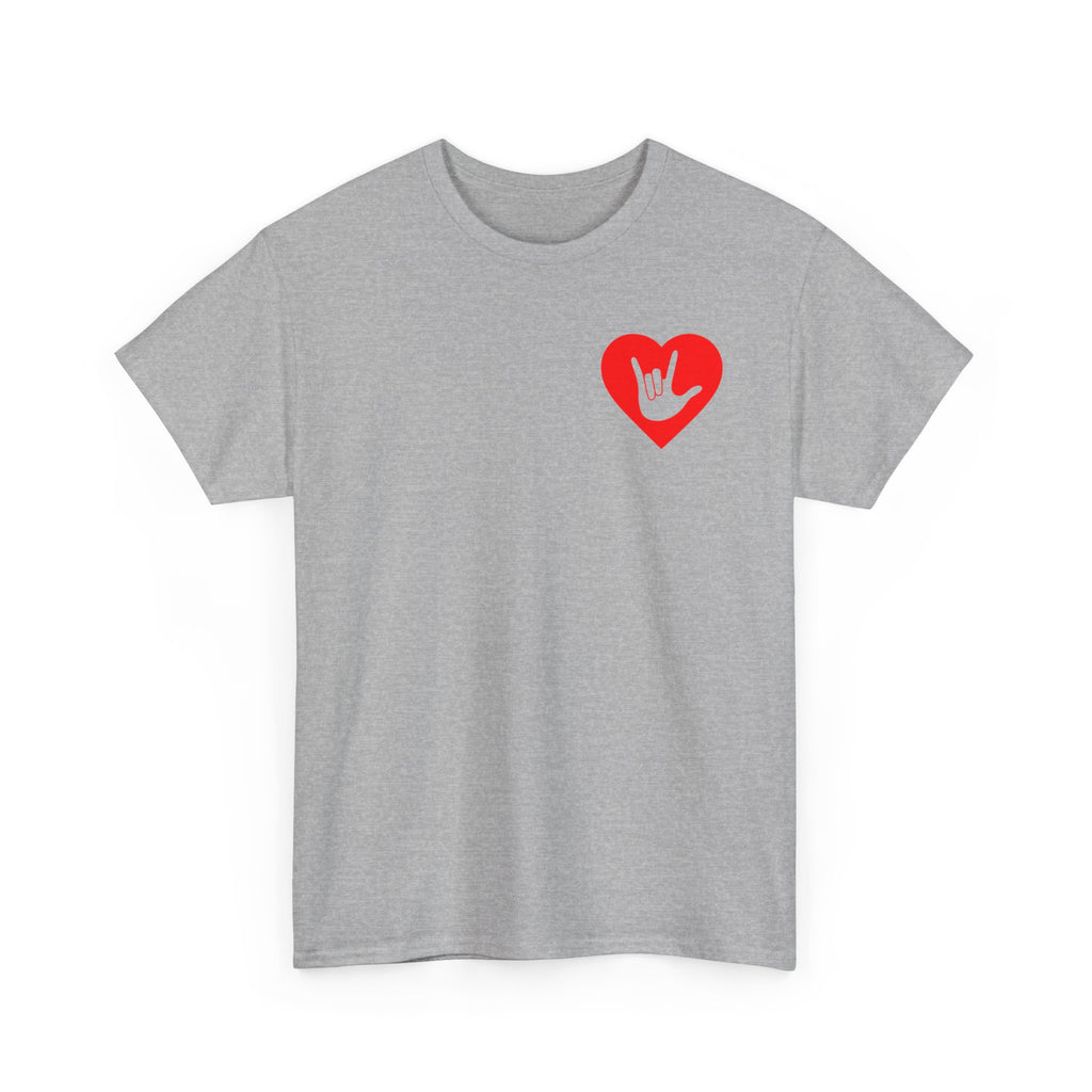 Front view of a sport grey T-Shirt showing a red coloured heart and the iconic ASL I Love You sign embedded in it on the left side of the chest
