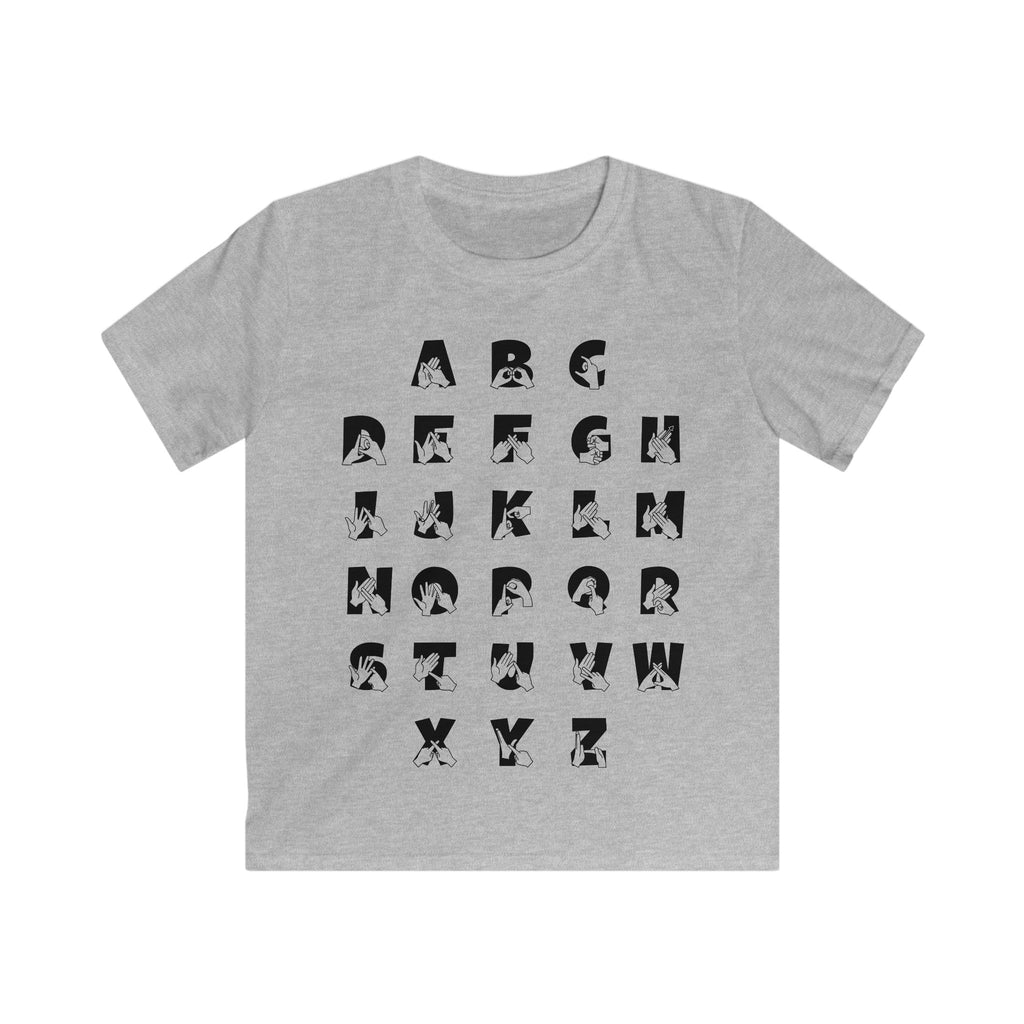 Front view of a sport grey t-shirt with BSL Alphabet - Black Fingerspelling & Text