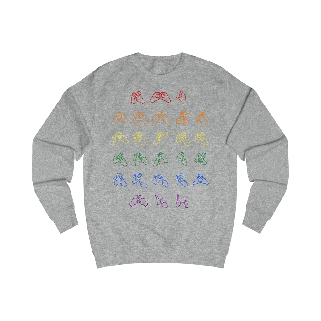Front view of a steel grey sweatshirt with BSL Alphabet - Pride Fingerspelling