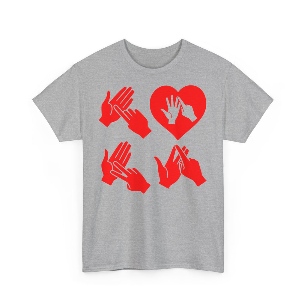 Front view of a sport grey T-Shirt with the word Love in red BSL Fingerspelling with the 'O' embedded in a heart shape 