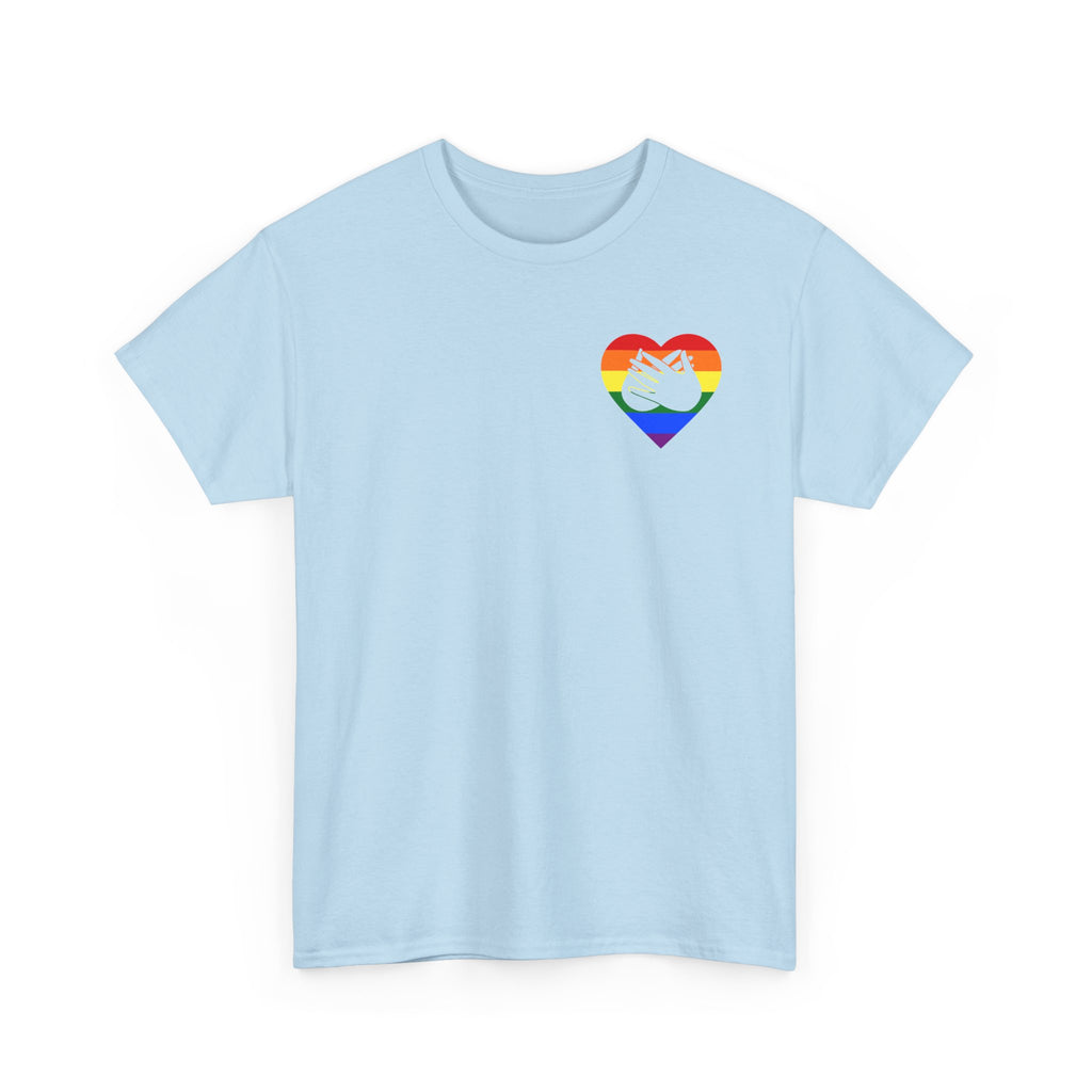 Front view of a sky blue T-Shirt showing a pride coloured heart and the iconic BSL Love sign embedded in it on the left side of the chest