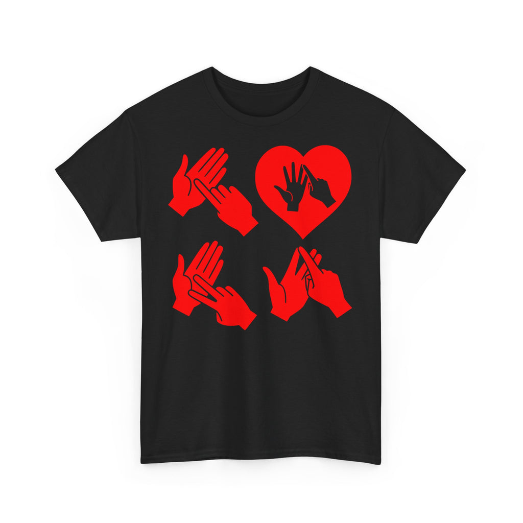 Front view of a black T-Shirt with the word Love in red BSL Fingerspelling with the 'O' embedded in a heart shape 