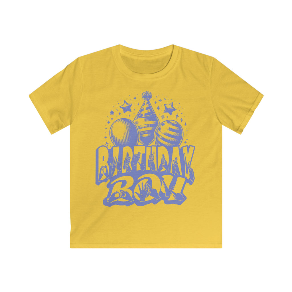 Daisy kids' t-shirt with "Birthday Boy" in bold letters featuring British Sign Language fingerspelling, with blue balloons, stars, and a party hat above.