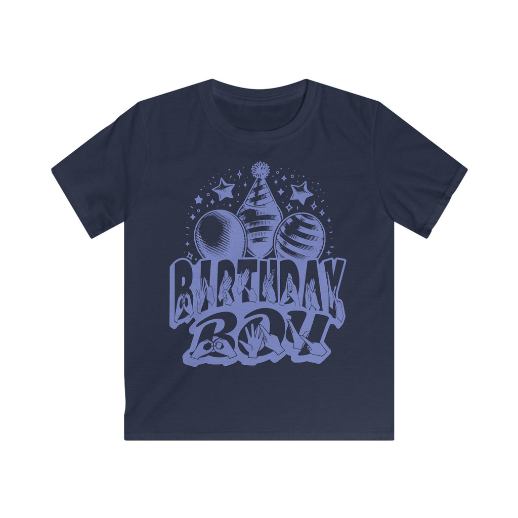 Navy kids' t-shirt with "Birthday Boy" in bold letters featuring British Sign Language fingerspelling, with blue balloons, stars, and a party hat above.