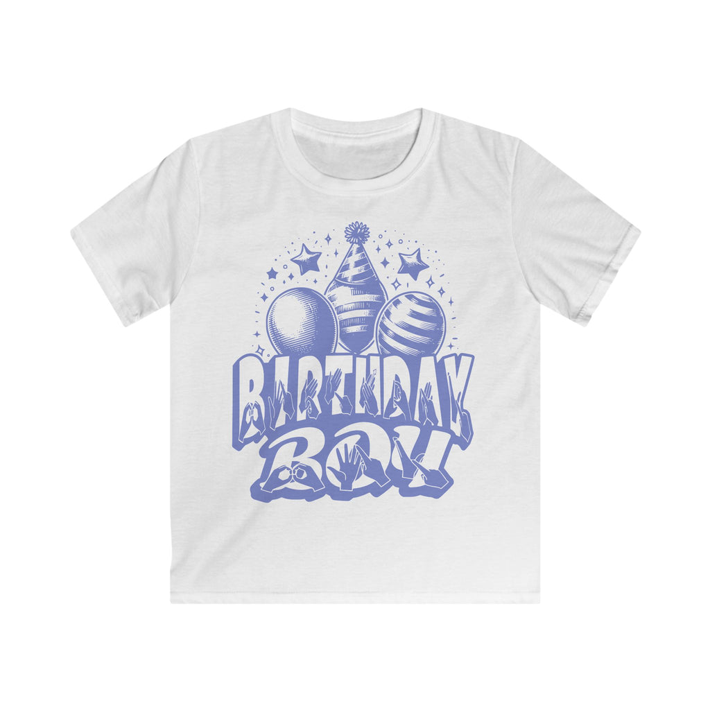 White kids' t-shirt with "Birthday Boy" in bold letters featuring British Sign Language fingerspelling, with blue balloons, stars, and a party hat above.