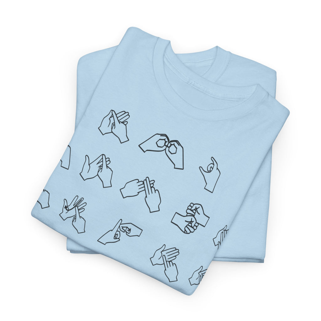 Folded light blue t-shirt with BSL Alphabet - Black Fingerspelling