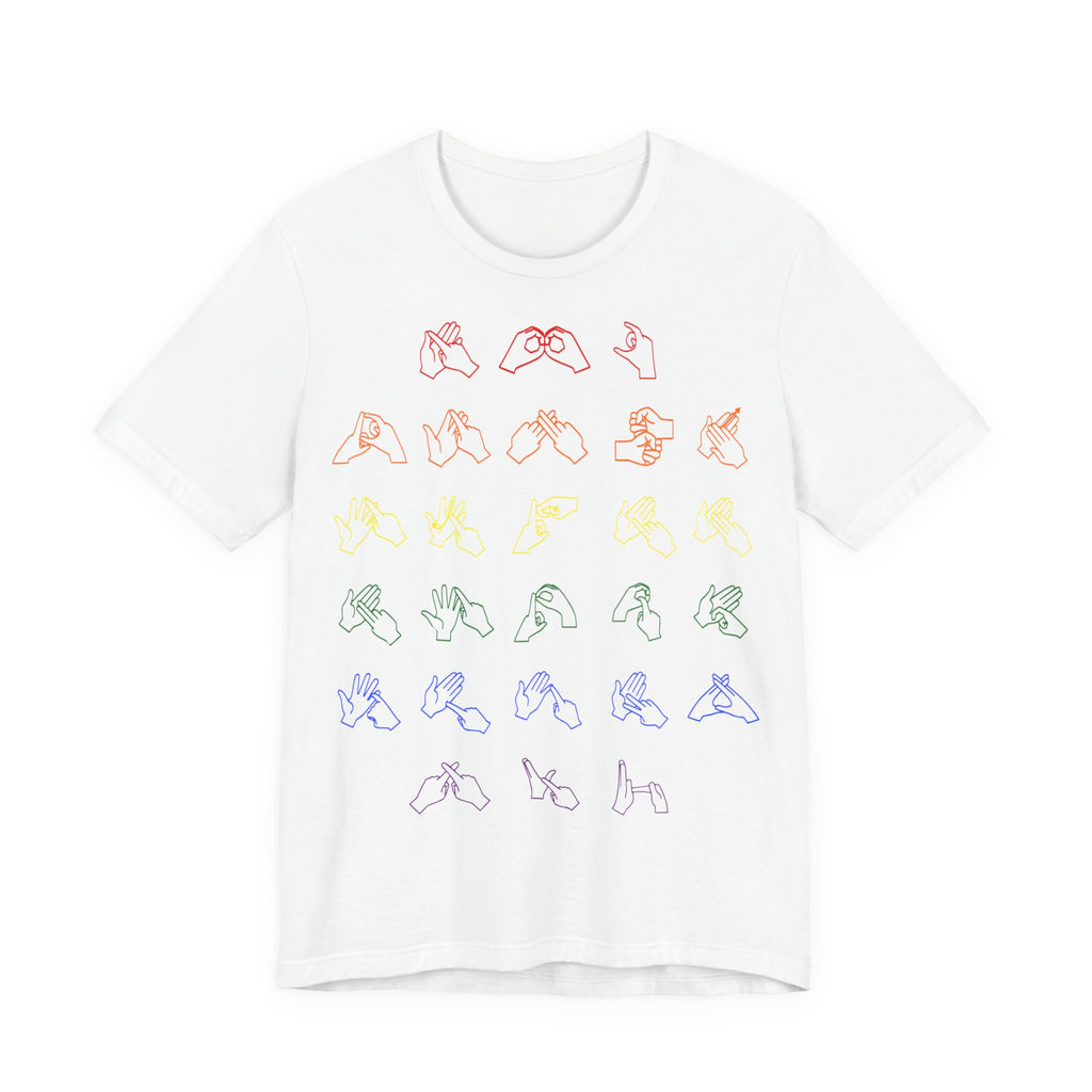 Front view of a white t-shirt with BSL Alphabet - Pride Fingerspelling
