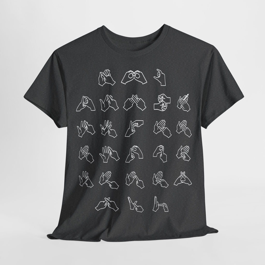 Front view of a Dark Heather t-shirt with BSL Alphabet - White Fingerspelling on a light grey background