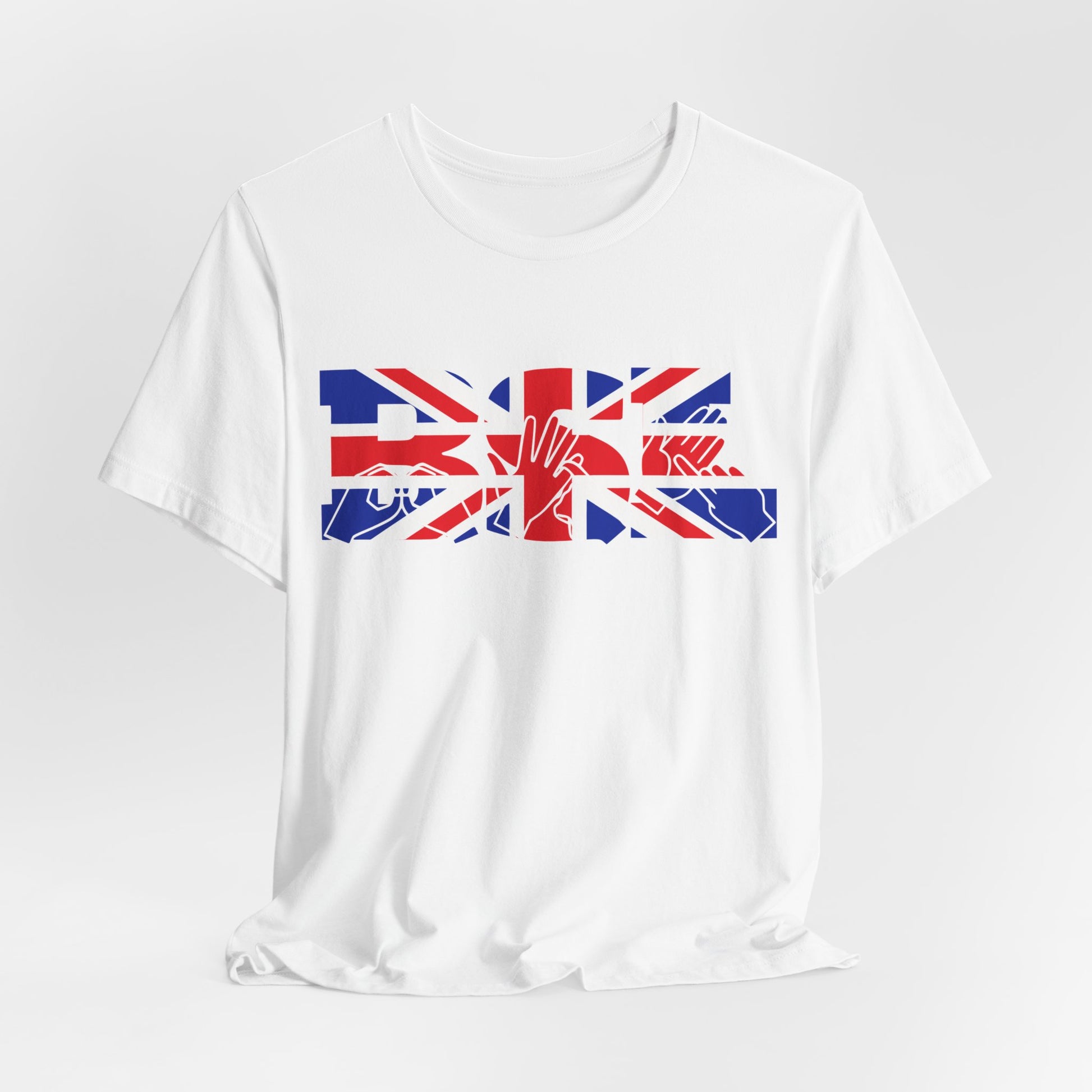 White t-shirt with ‘BSL’ shown in British Sign Language fingerspelling and text, in red, white, and blue Union Flag colours, on a white background