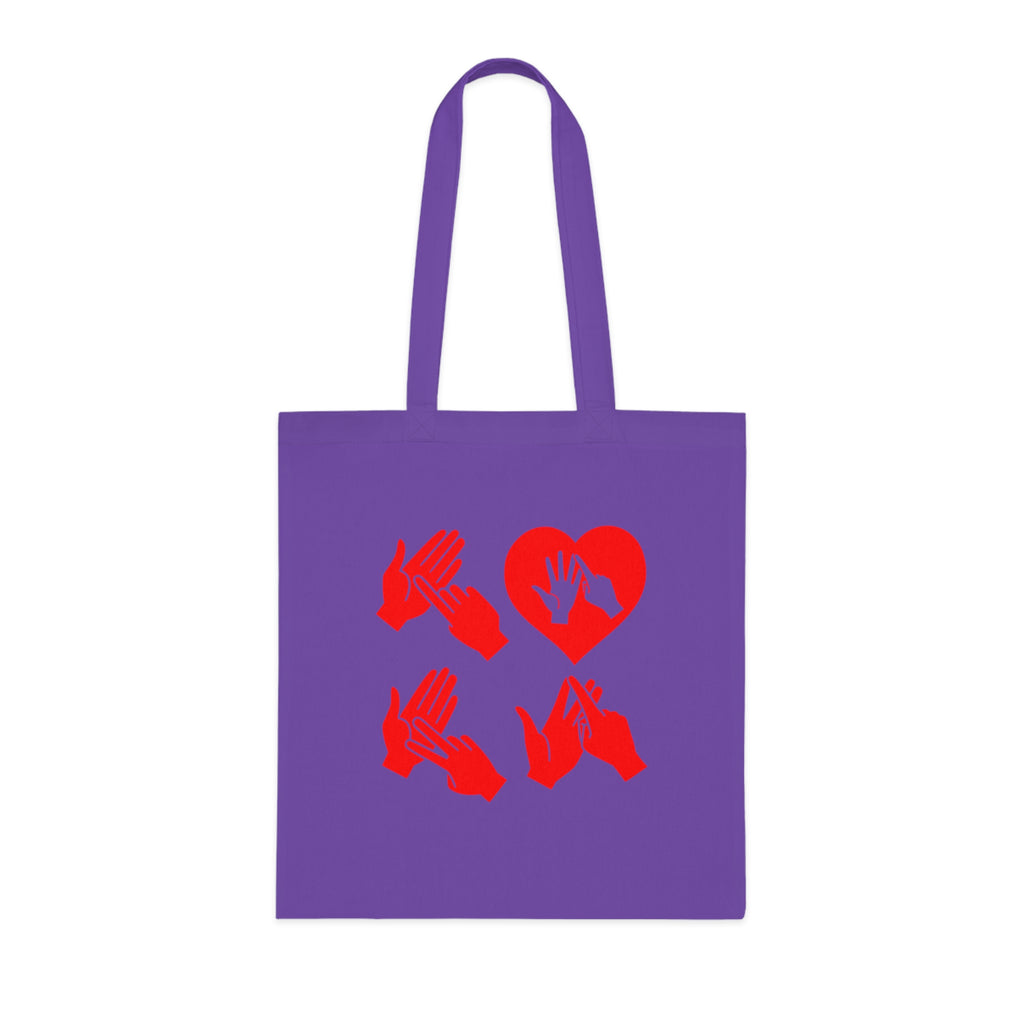 Lavender Tote Bag with the word Love in red BSL Fingerspelling with the 'O' embedded in a heart shape