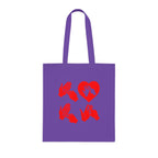 Lavender Tote Bag with the word Love in red BSL Fingerspelling with the 'O' embedded in a heart shape