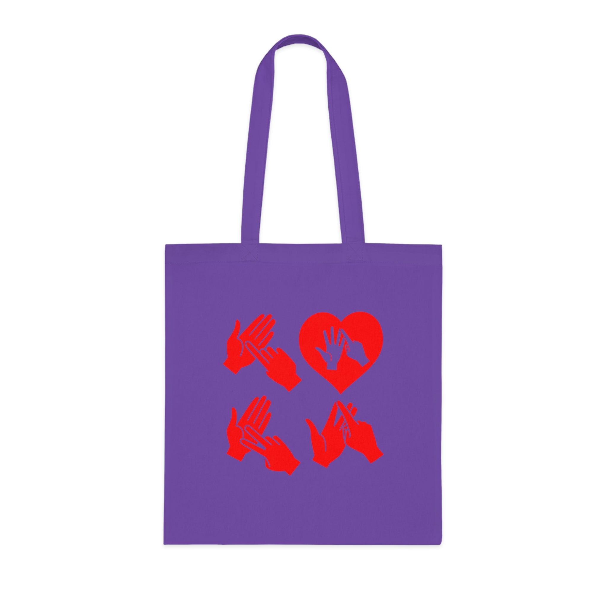Lavender Tote Bag with the word Love in red BSL Fingerspelling with the 'O' embedded in a heart shape