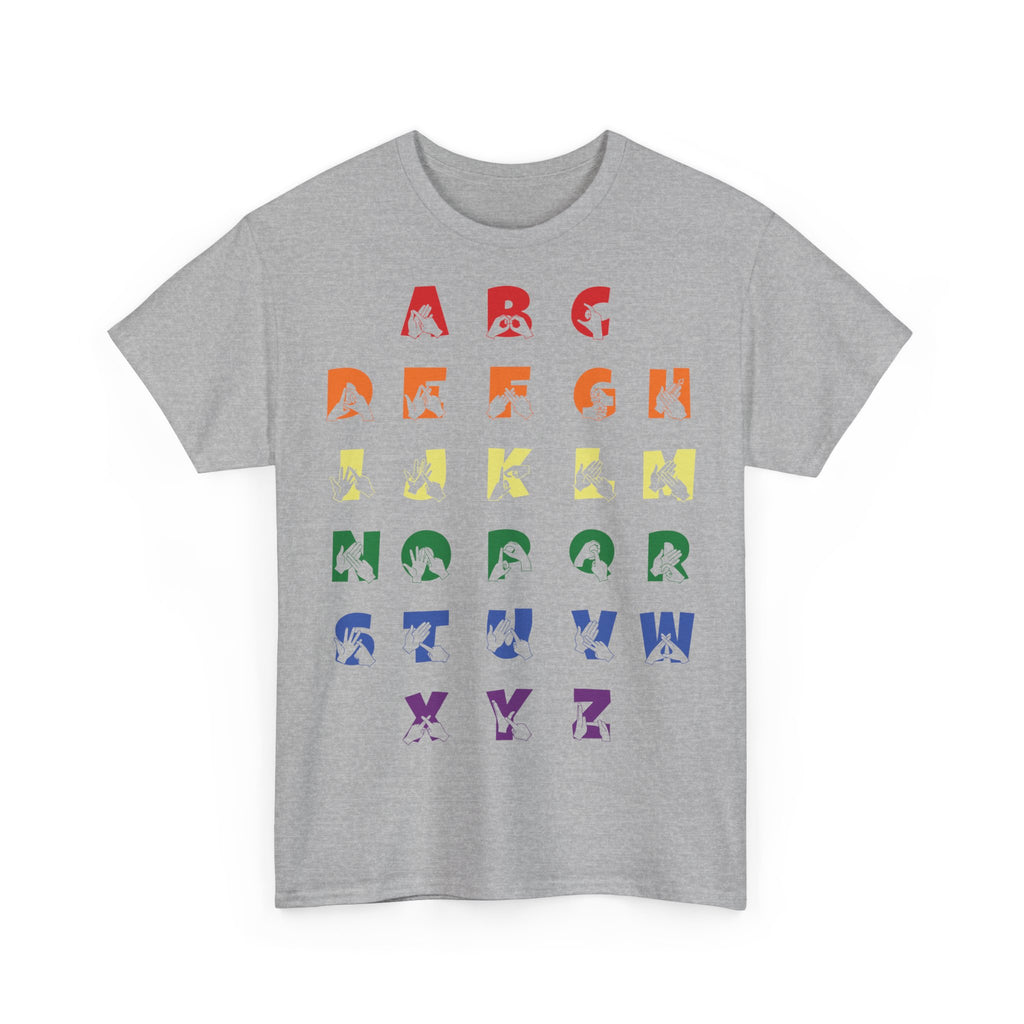 Front view of a Sport Grey t-shirt with BSL Alphabet - Pride Fingerspelling & Text