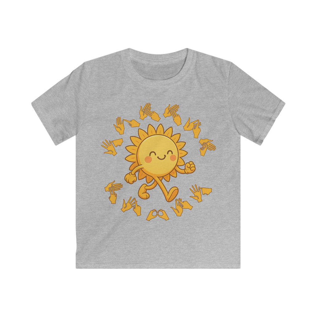 Sport grey kids' t-shirt with a cheerful sunshine character and the phrase "summer vibes" in bold BSL fingerspelling handshapes, in a lightly textured style.