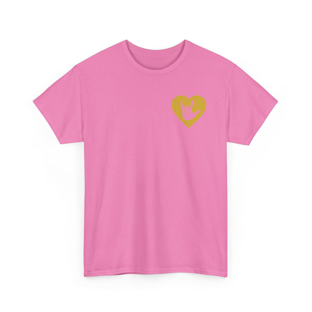 Front view of a azalea T-Shirt showing a gold coloured heart and the iconic ASL I Love You sign embedded in it on the left side of the chest