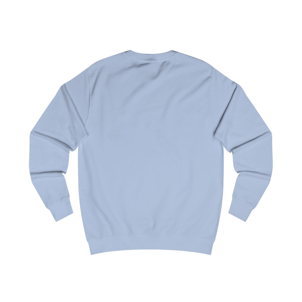 Back view of a sky blue sweatshirt with BSL Alphabet - Pride Fingerspelling & Text