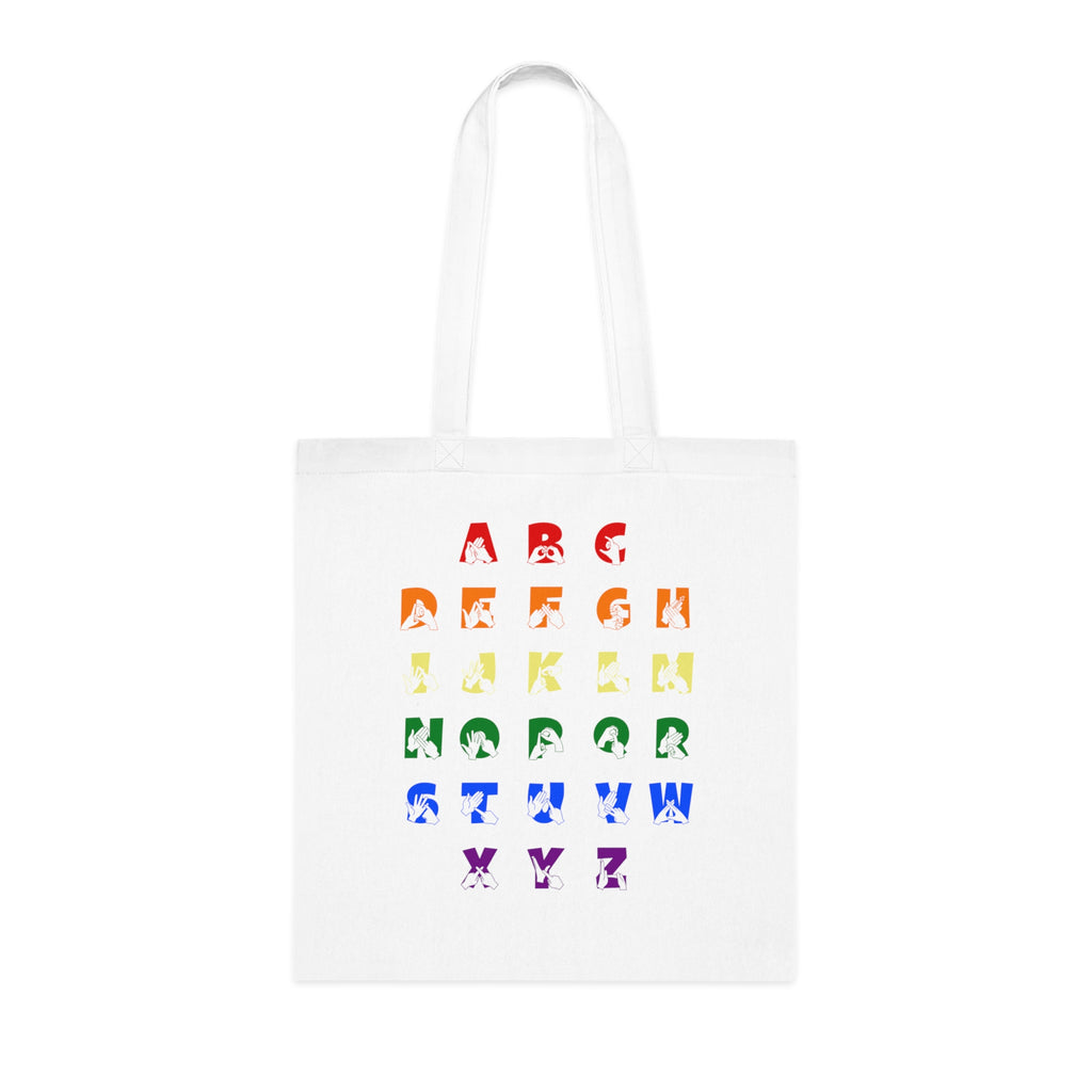 White Tote Bag with BSL Alphabet - Pride Fingerspelling & Text