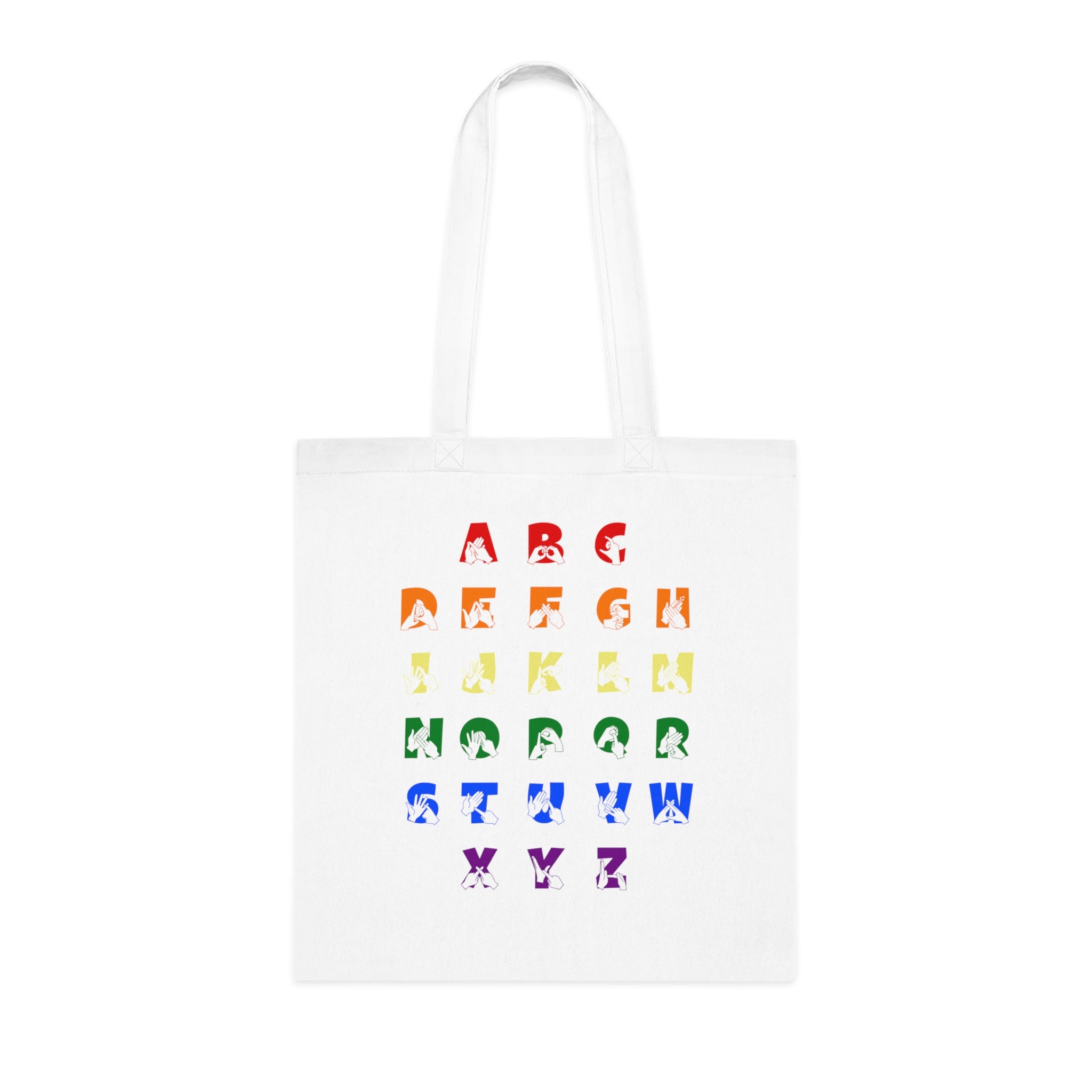 White Tote Bag with BSL Alphabet - Pride Fingerspelling & Text
