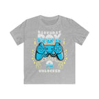 Sport grey t-shirt with the phrase "Birthday Boy" above a gaming controller, the word "Level" below it, a customisable age underneath, and stars surrounding the design.