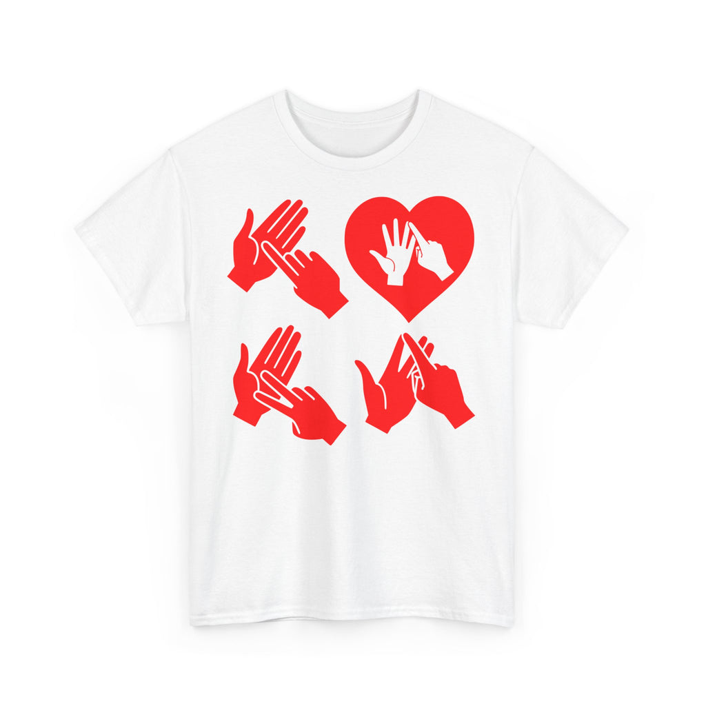 Front view of a white T-Shirt with the word Love in red BSL Fingerspelling with the 'O' embedded in a heart shape