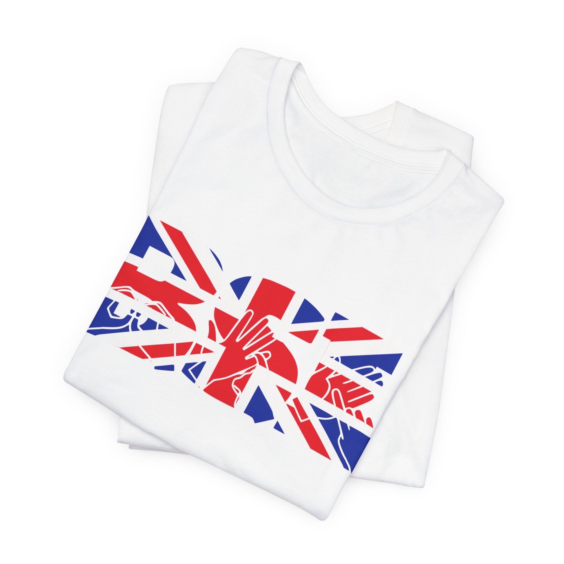 Folded White t-shirt with ‘BSL’ shown in British Sign Language fingerspelling and text, in red, white, and blue Union Flag colours