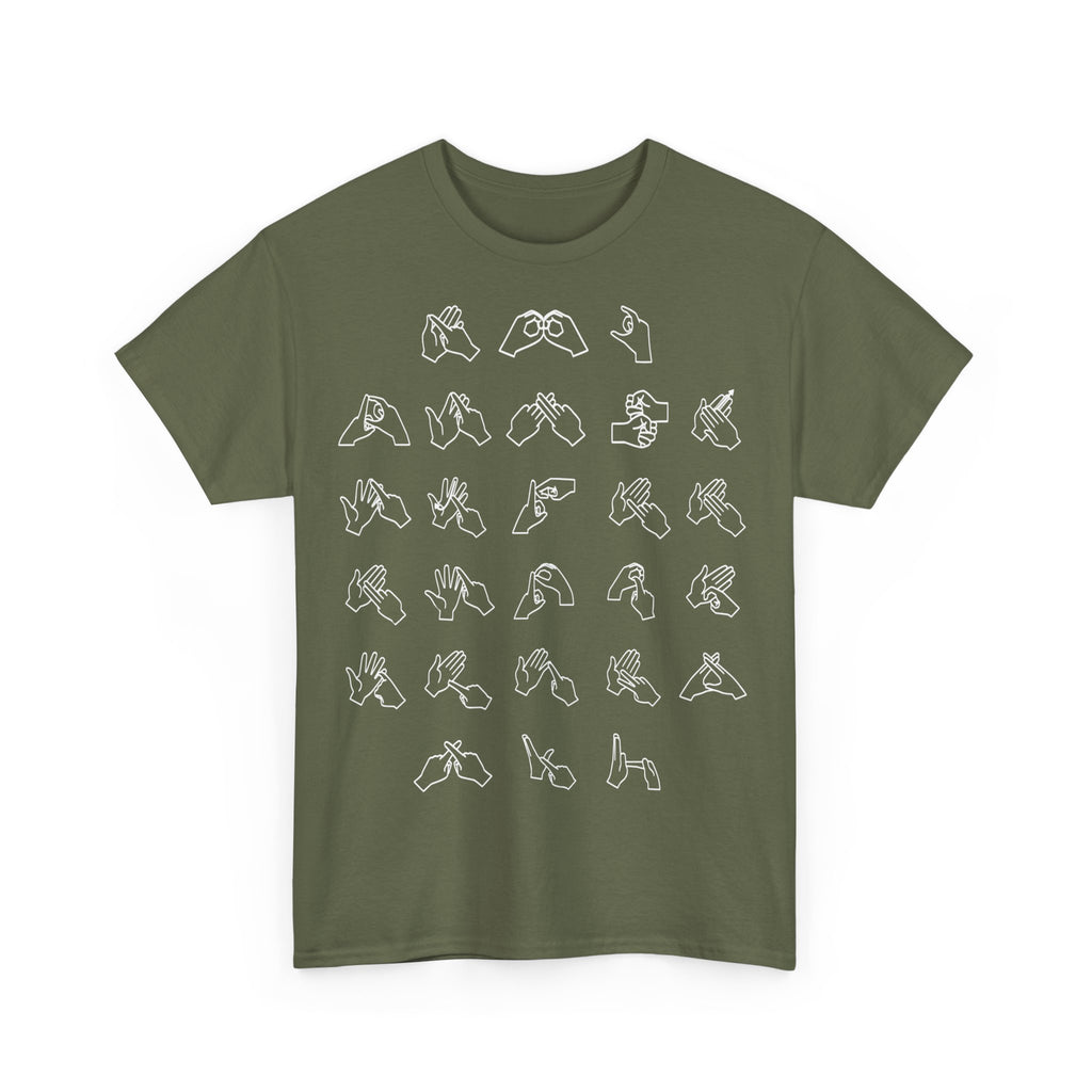 Front view of a Military Green t-shirt with BSL Alphabet - White Fingerspelling