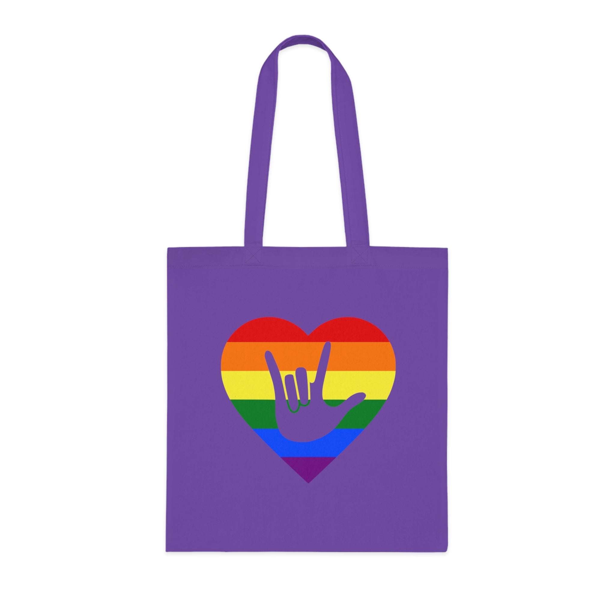 Lavender Tote Bag showing a Pride coloured heart and the iconic ASL I Love You sign embedded in it