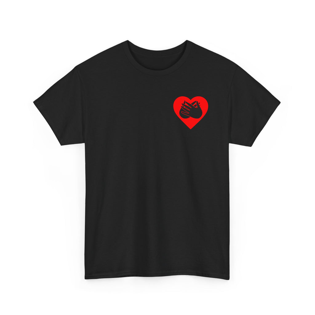 Front view of a black T-Shirt showing a red coloured heart and the iconic BSL Love sign embedded in it on the left side of the chest