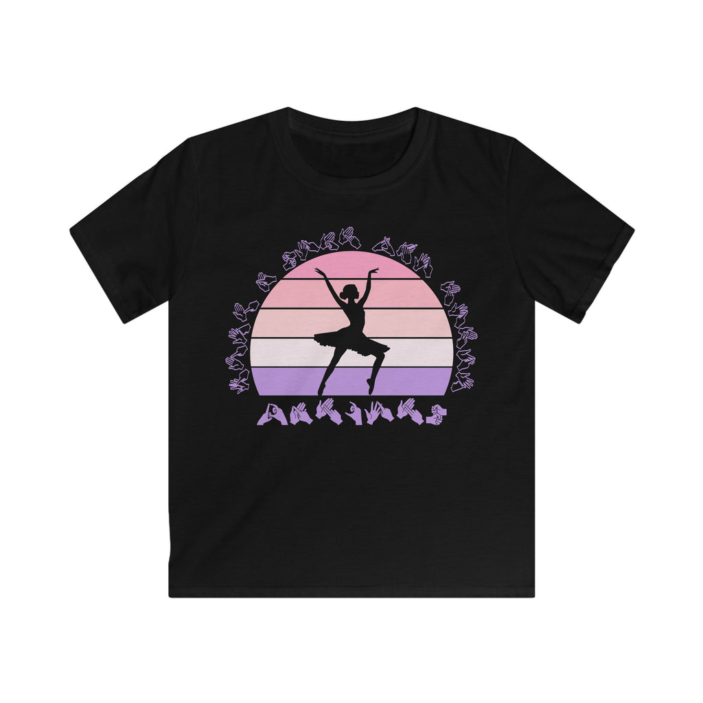 Black t-shirt with the phrase "Just a Girl Who Loves Dancing" above a colourful retro sunset and a silhouette of a girl dancing in the centre