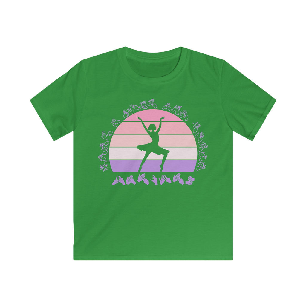 Irish green t-shirt with the phrase "Just a Girl Who Loves Dancing" above a colourful retro sunset and a silhouette of a girl dancing in the centre